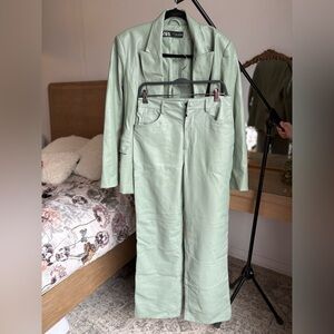 Zara Light Green Faux Leather Blazer and Pants Set